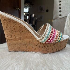 VERONICA BEARD SAKS FIFTH AVE MULTICOLOR PLATFORM WOVEN CORK WEDGE SANDAL SZ 7